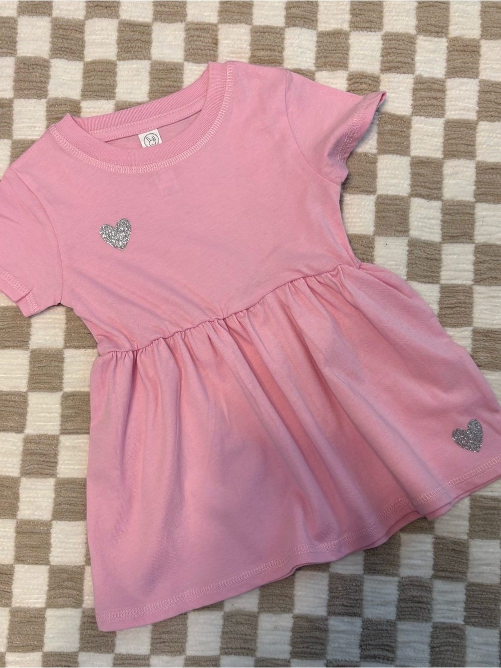 Pink Girls' Short Sleeve Casual Dress with Glitter Hearts